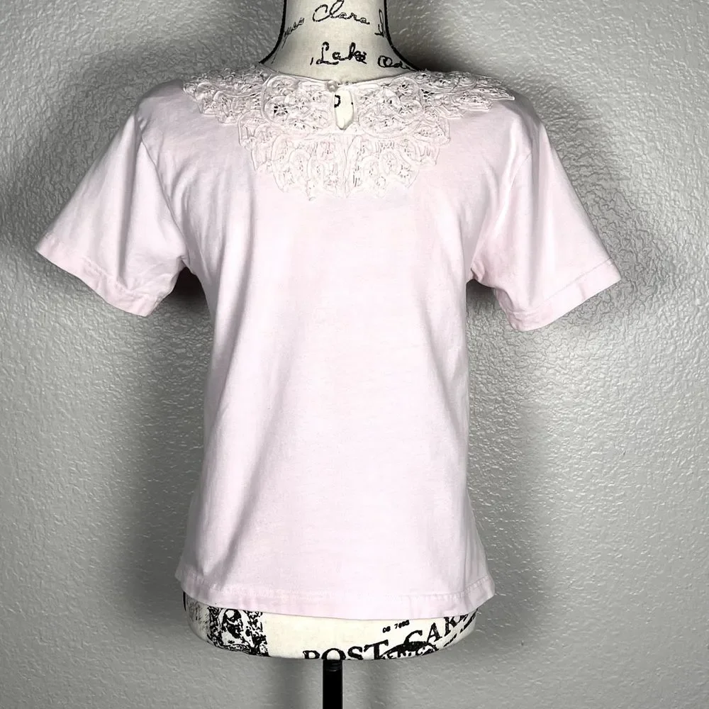 Westbound Petites Top PS Pink 100% Cotton Short Sleeve Crochet Lace Neckline - Picture 5 of 10